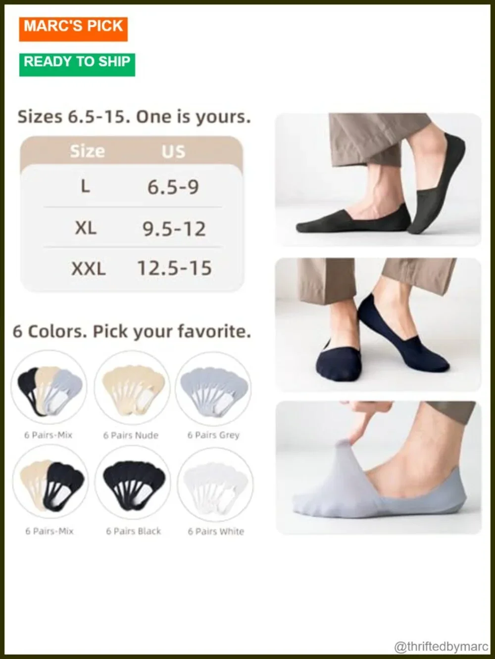 6 Pairs Men's No Show Invisible Low Cut Socks Cotton Blend Loafer Socks